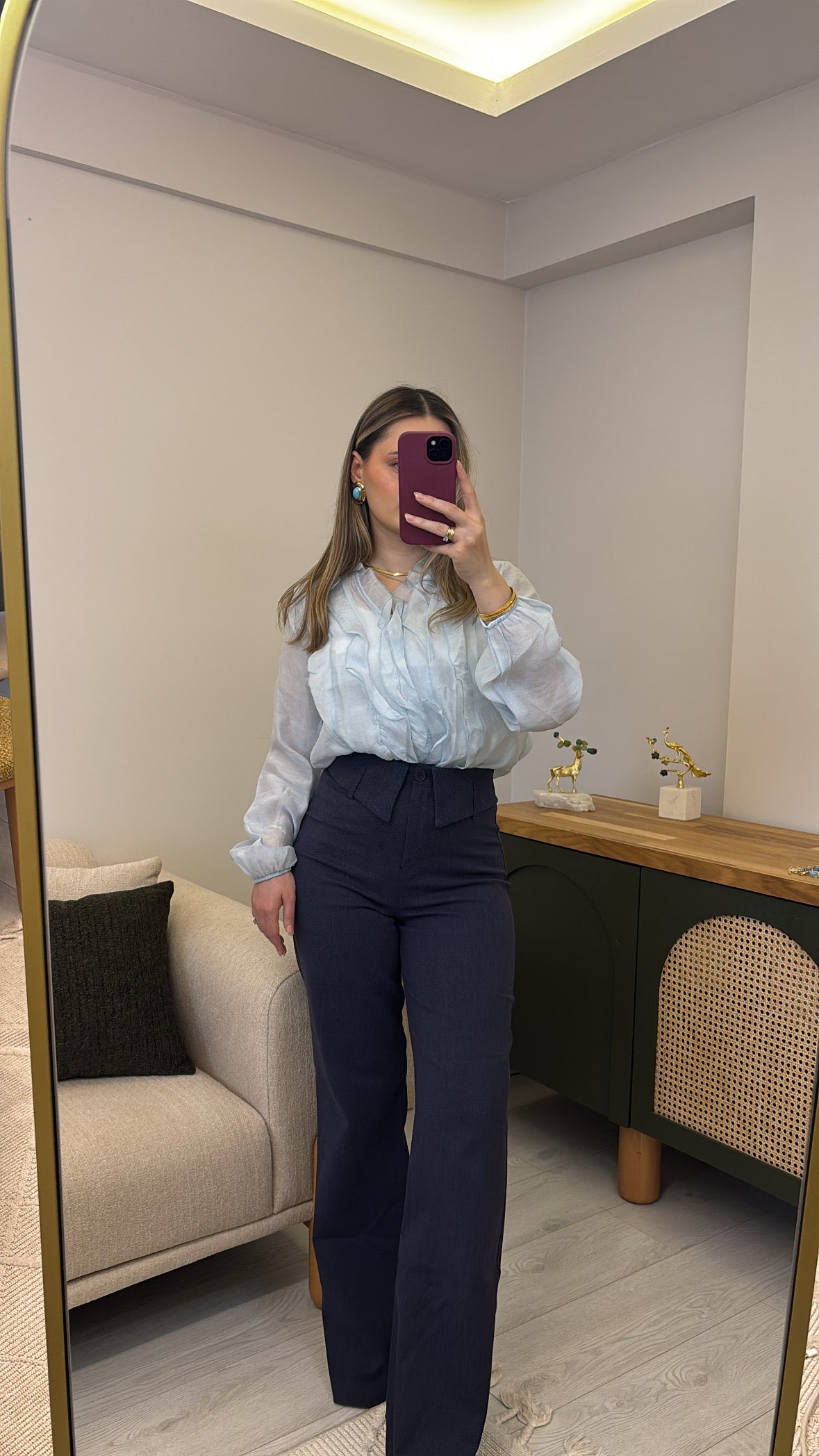 Buz Mavisi Fırfırlı Gömlek