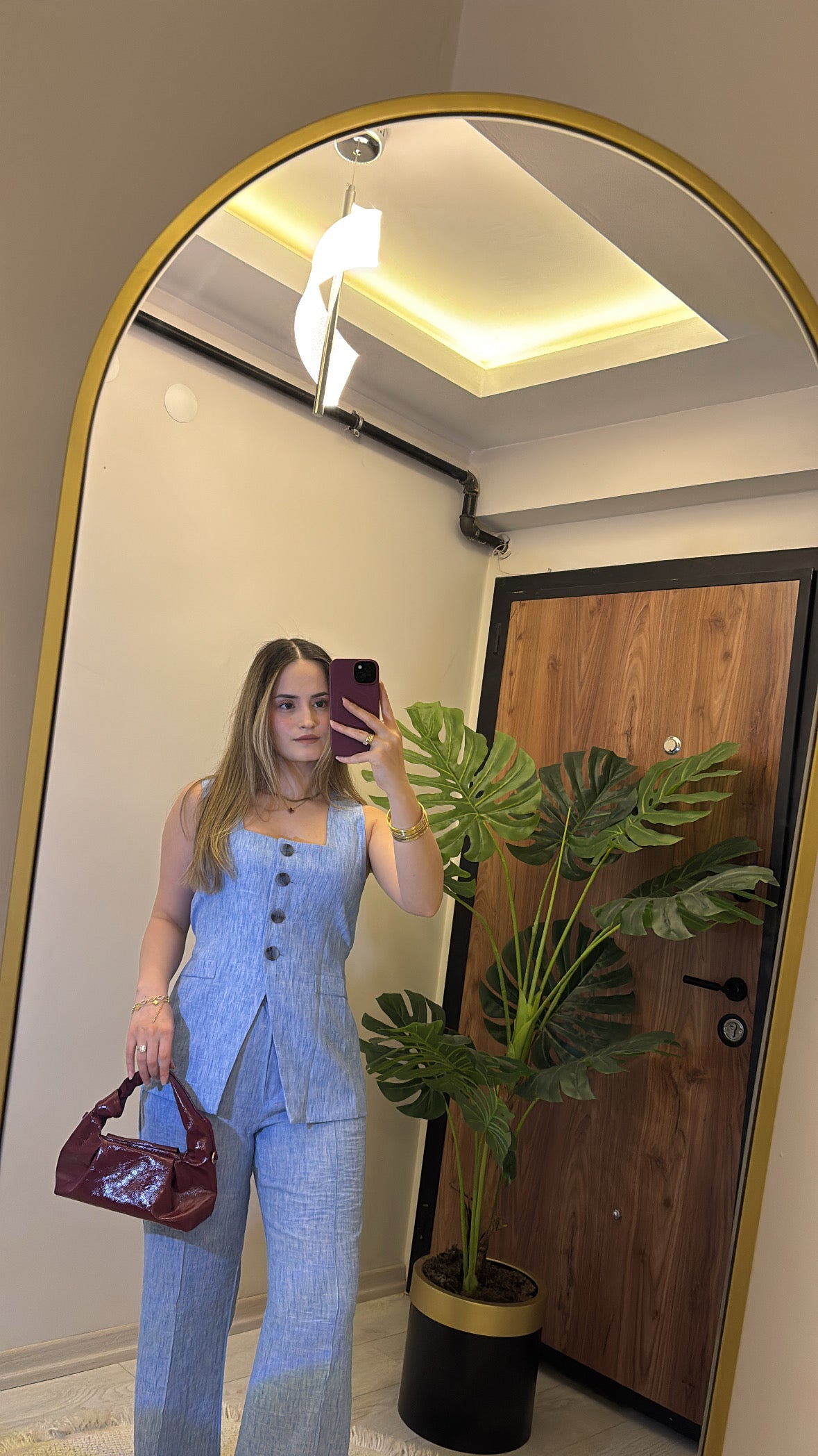 Buz Mavisi Keten Dokulu Yelek Pantolon Takım