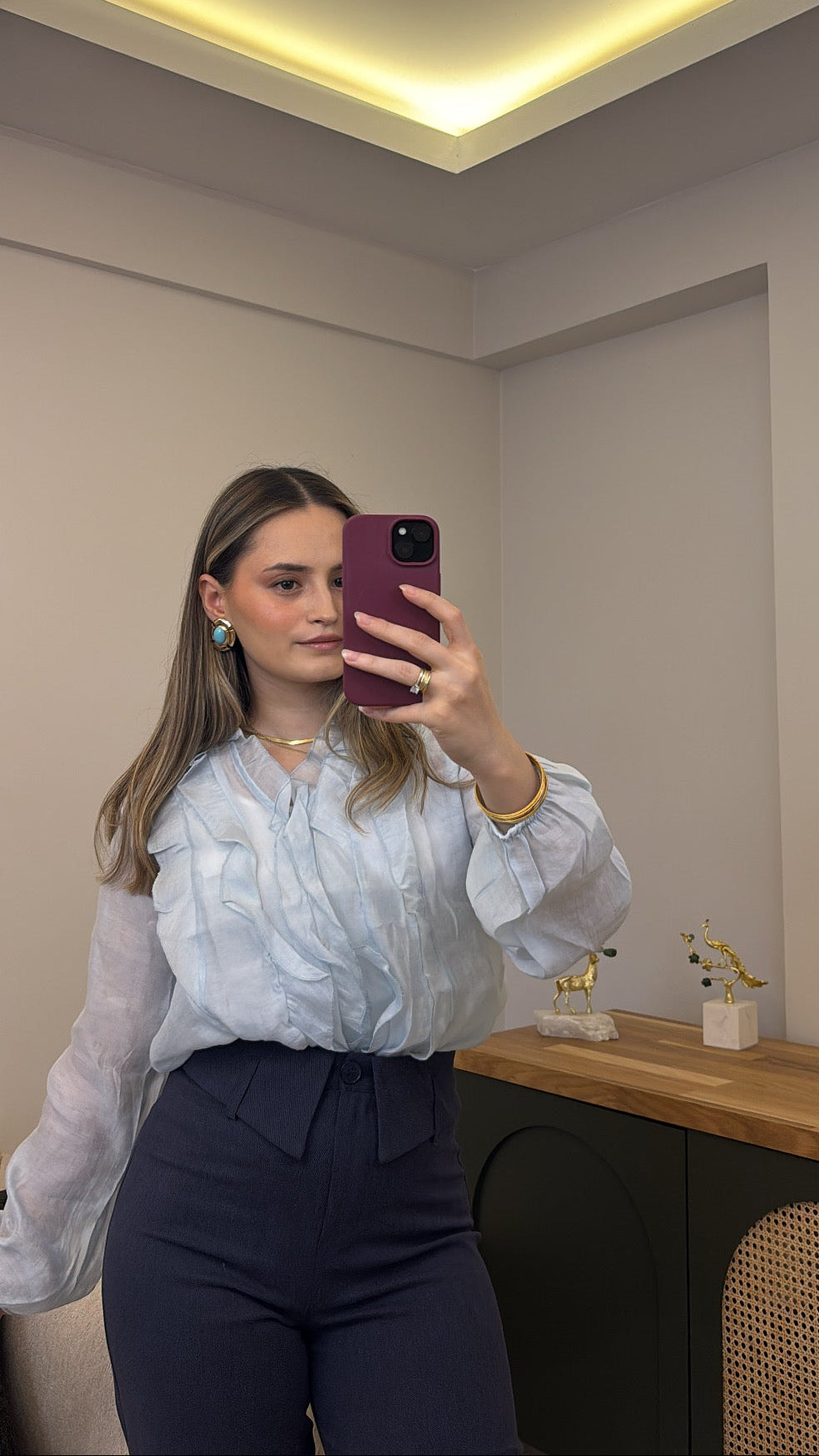 Buz Mavisi Fırfırlı Gömlek