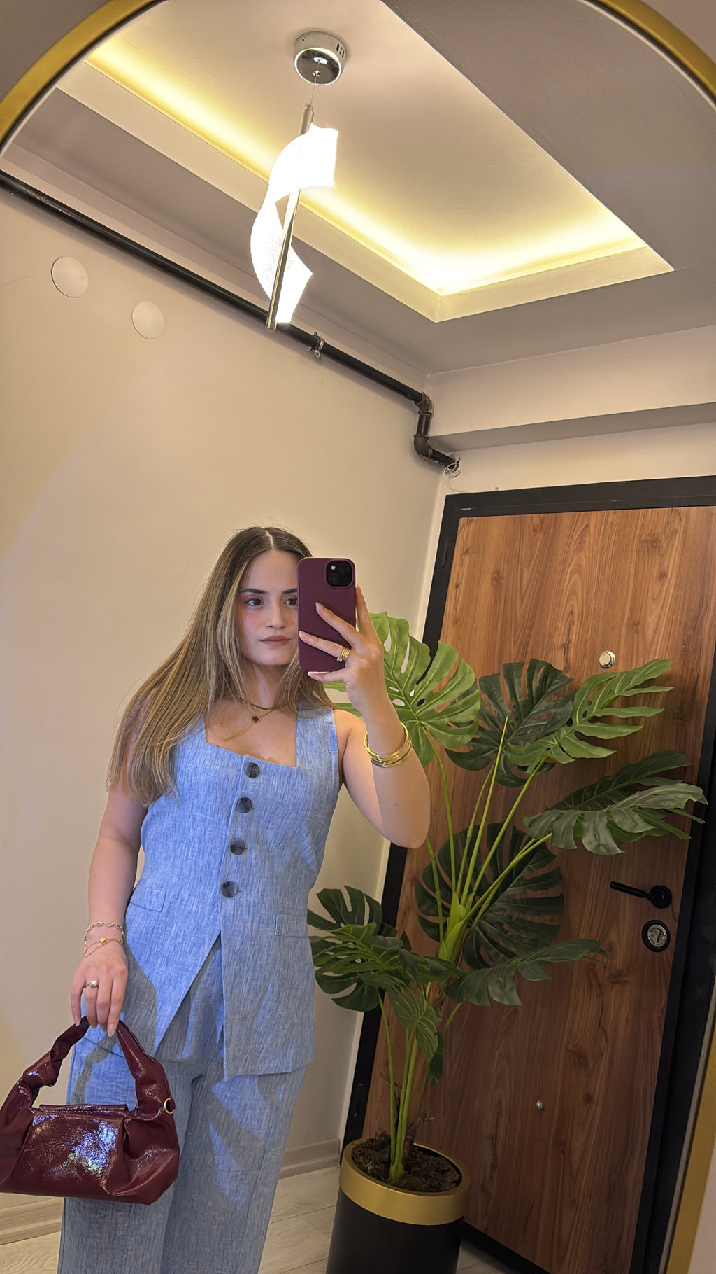 Buz Mavisi Keten Dokulu Yelek Pantolon Takım