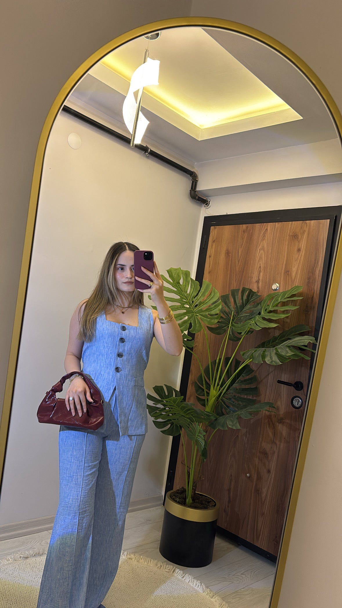 Buz Mavisi Keten Dokulu Yelek Pantolon Takım