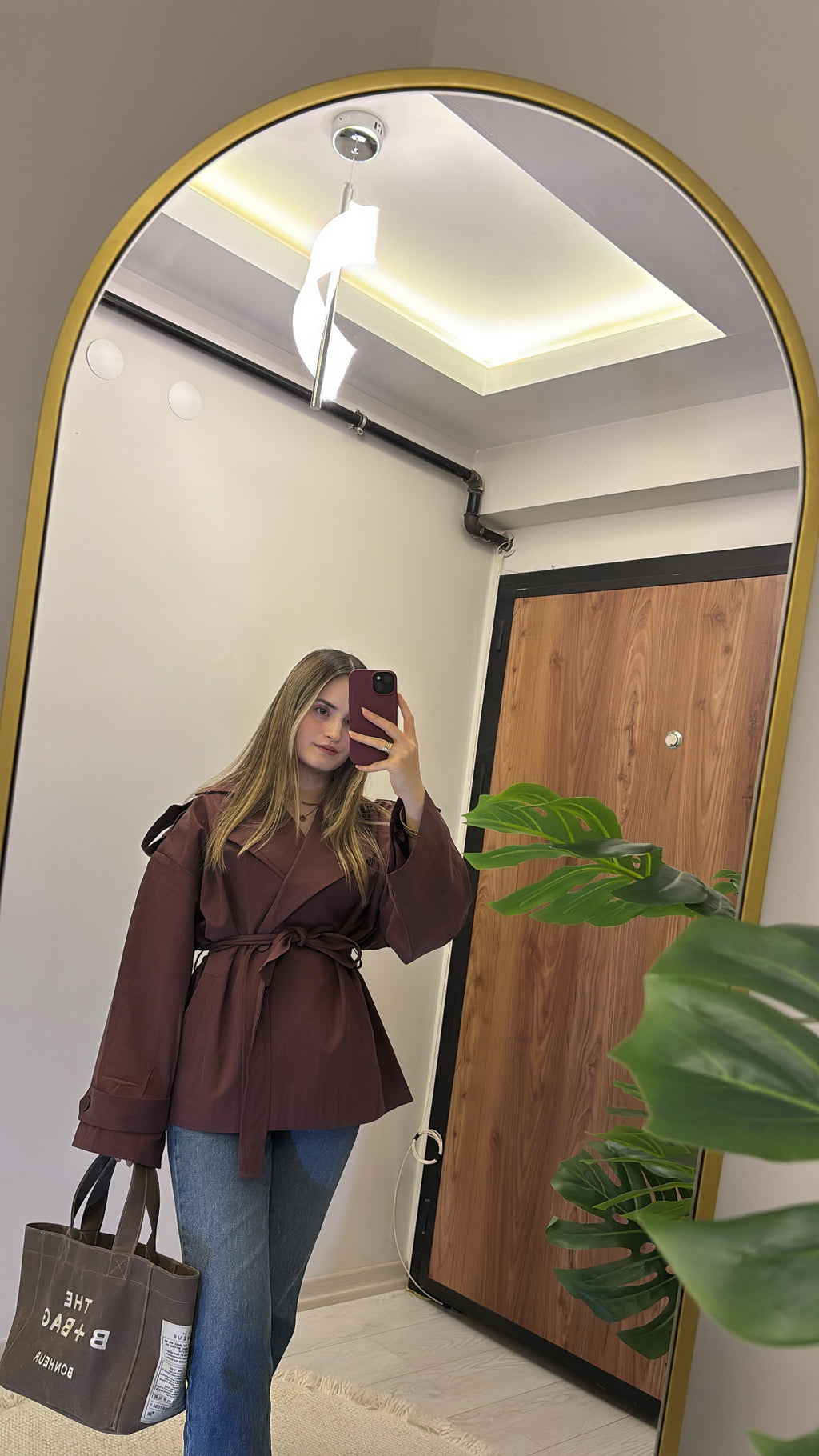 Bordo Kısa Kemerli Trençkot