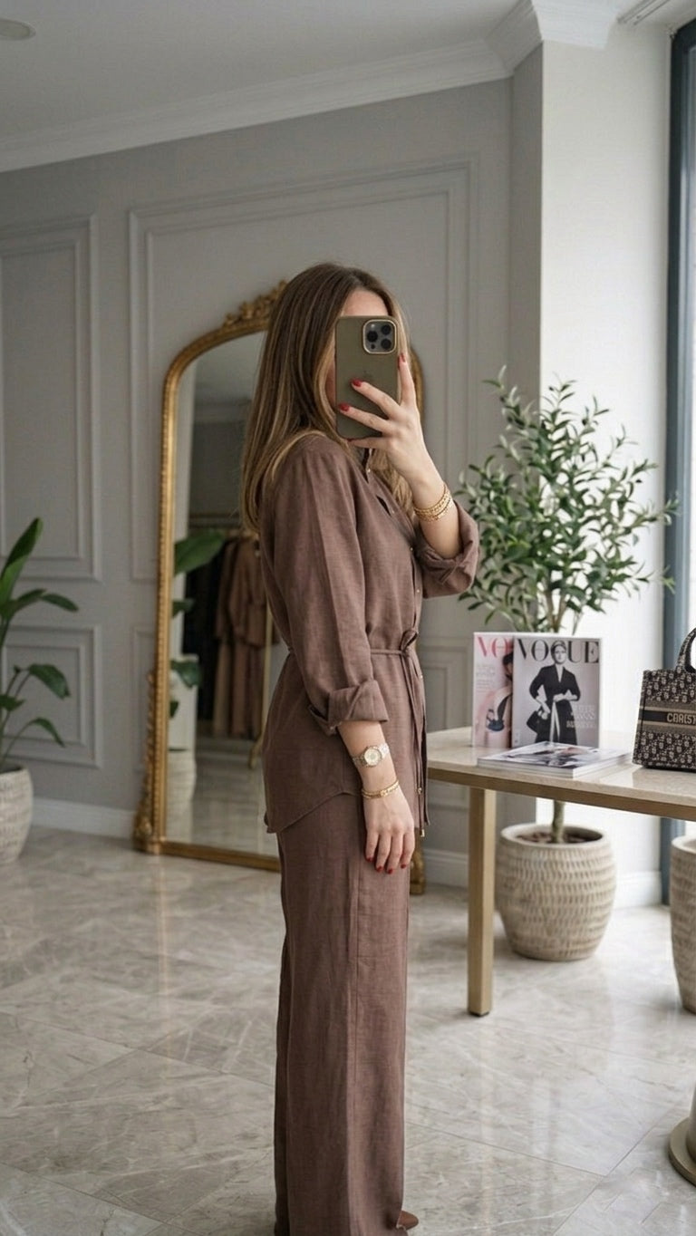 Acı Kahve Keten Hakim Yaka İkili Takım